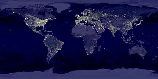 World population distribution, as revealed by night pictures of Earth's city lights (NASA composite image)