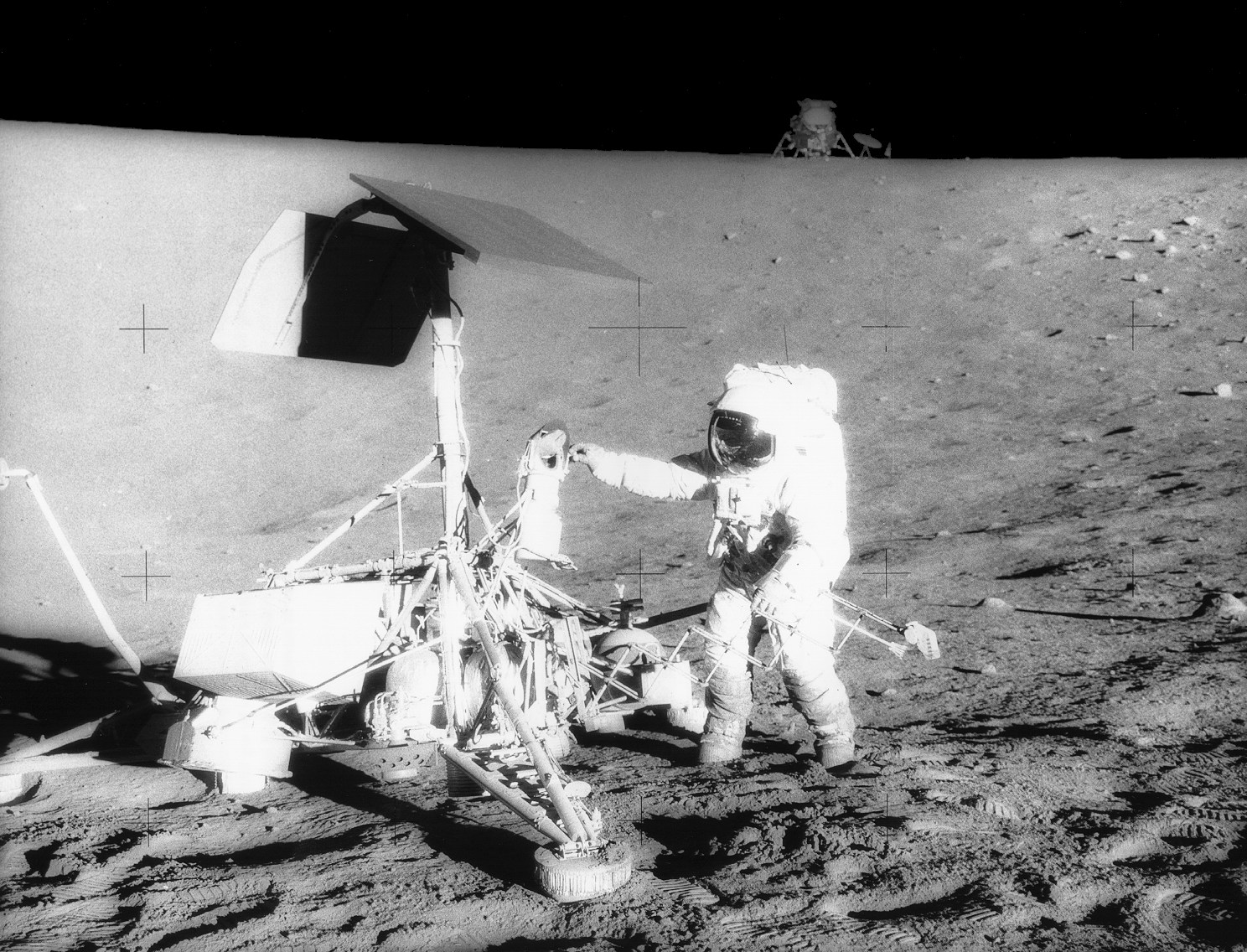 Microbes were found on a spacecraft called Surveyor 3, which was on the moon for 2.5 years when Apollo 12 took samples back to Earth. The result, however, could have come from post-mission contamination in the lab. Image courtesy NASA. For a larger version of this image please go here.