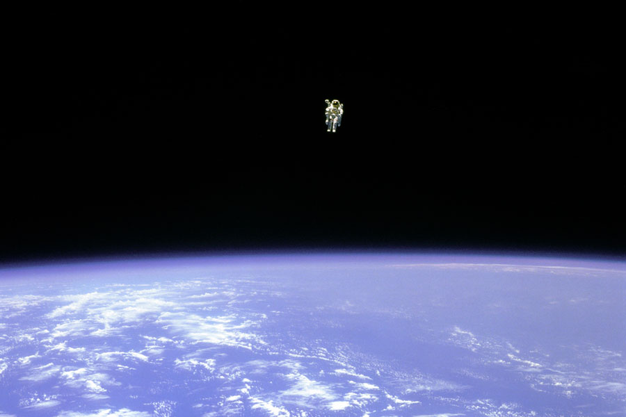 Credit: STS-41B, NASA  Explanation: At about 100 meters from the cargo bay of the space shuttle Challenger, Bruce McCandless II was farther out than anyone had ever been before. Guided by a Manned Maneuvering Unit (MMU), astronaut McCandless, pictured above, was floating free in space.