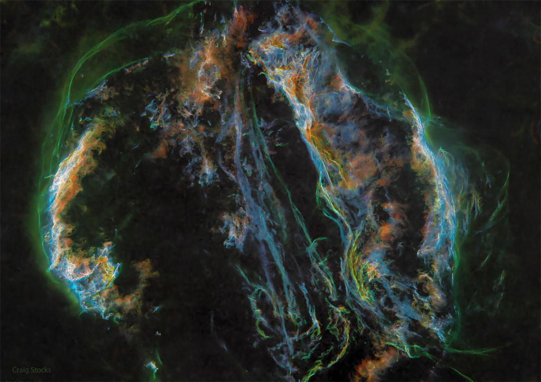 The featured image shows a composite of long duration
exposures of he Veil Nebula, the glowing gaseous remnants of
a supernova that occurred about ten thousand years ago.
Please see the explanation for more detailed information.