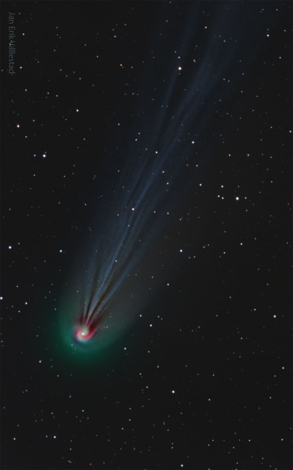 A comet is pictured with a really long and wavy ion tail.
The front of the comet -- its coma -- appears to be a spiral.
The coma is green, the tail is faint blue, and part of the 
swirl is red.
Please see the explanation for more detailed information.