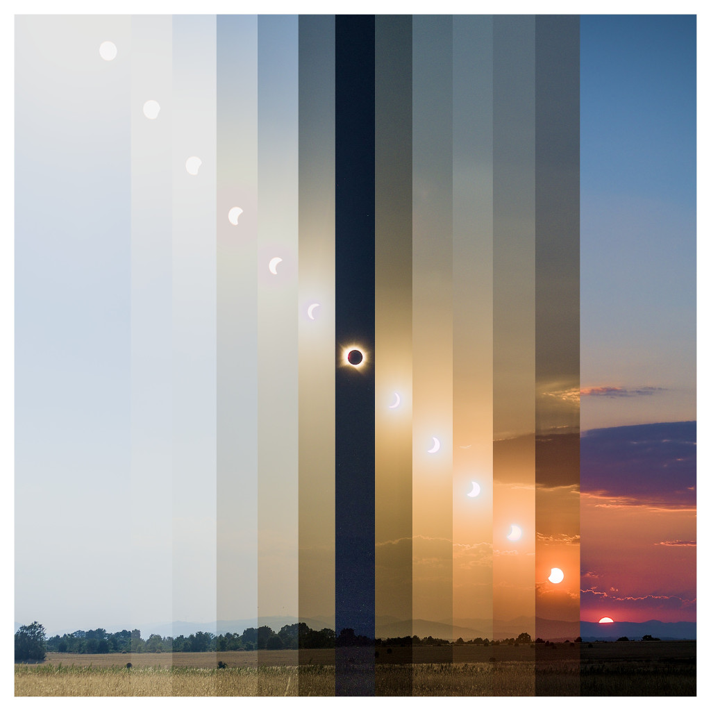 The image is split into several vertical slices where each slice is an image of the Sun in the sky. It follows the Sun slowly becoming eclipsed by the Moon. The sky goes from light to dark. The total solar eclipse occurs in the central slice. As the eclipse goes away, the Sun is setting.