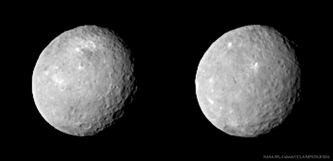 Cráteres oscuros y manchas brillantes en el asteroide Ceres