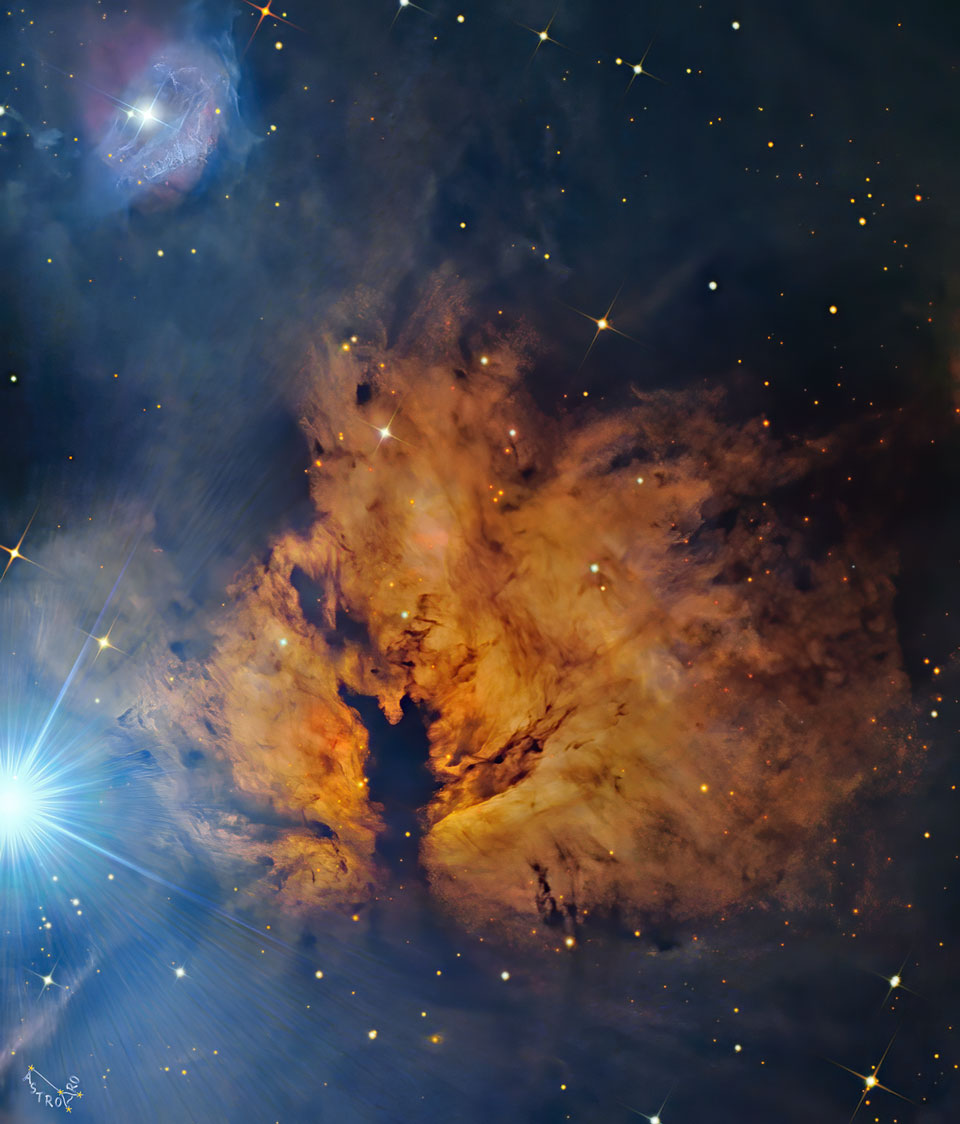 Se muestra una imagen del centro de la Nebulosa de la Llama, con la estrella brillante Alnitak a la izquierda.  Para más detalles, lea la explicación.
