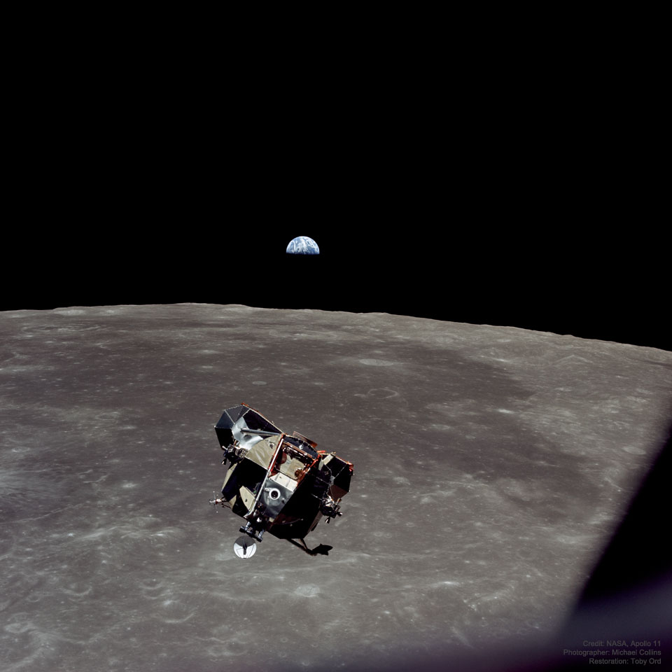 A picture of the Apollo 11 spaceship Eagle returning from the Moon's surface with Earth in the background.  Please see the explanation for more detailed information.