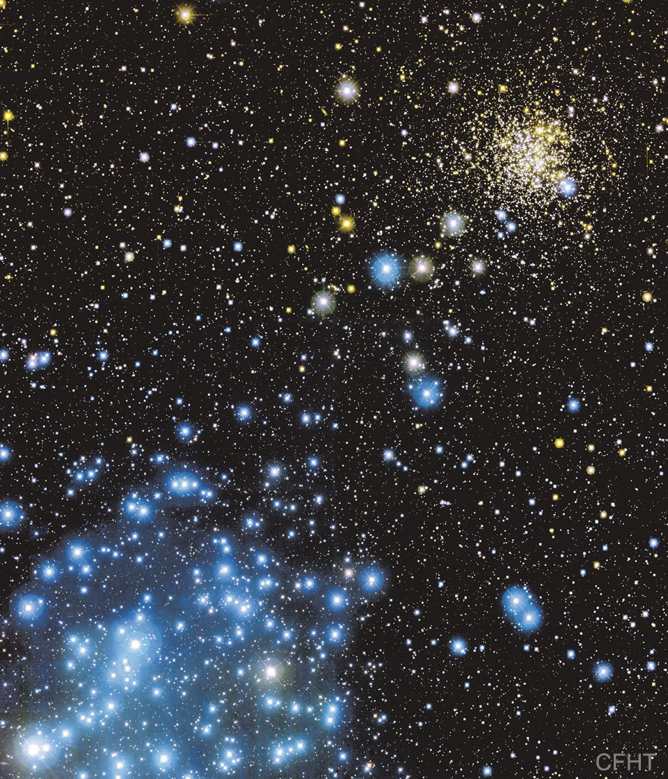 Una imagen de los cúmulos estelares M35 y NGC 2158. Consulte la explicación para obtener información más detallada.