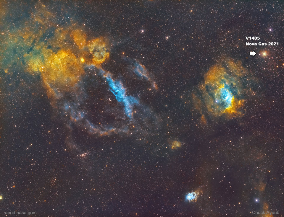 A deep image toward the constellation of Cassiopeia  showing transient Nova Cas as it appeared in 2021 March.  Please see the explanation for more detailed information.