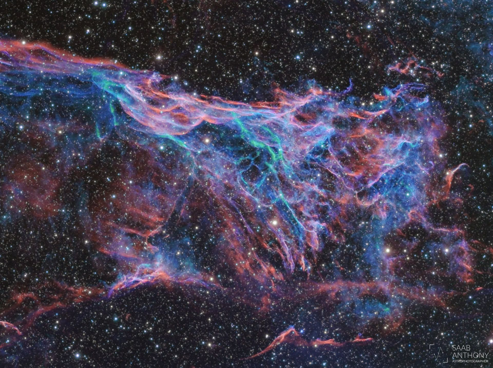 The picture shows Fleming's Triangular Wisp, part of the Veil  Nebula supernova remnant.   Please see the explanation for more detailed information.