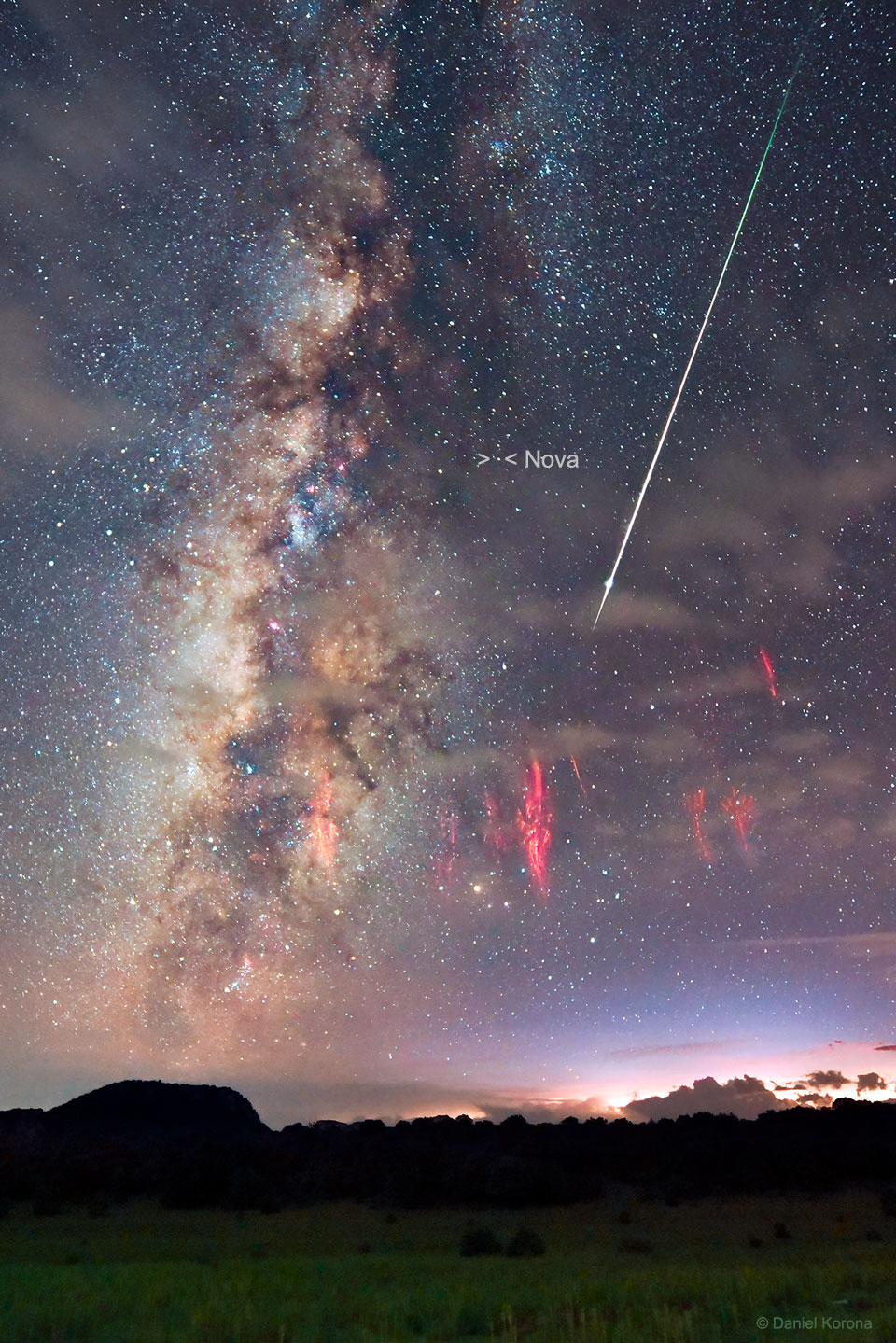 Perseid Meteor, Red Sprites, and Nova RS Ophiuchus