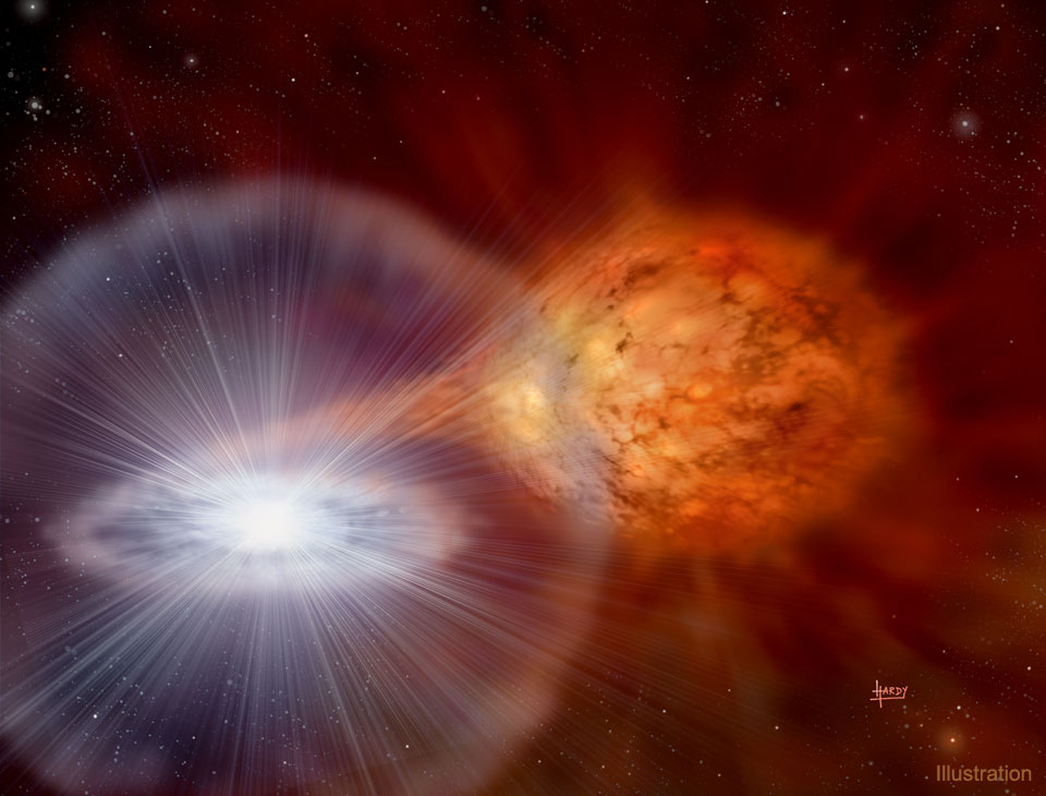 The picture shows an illustration of binary star system RS Ophiuchus during a nova-causing explosion.  Please see the explanation for more detailed information.