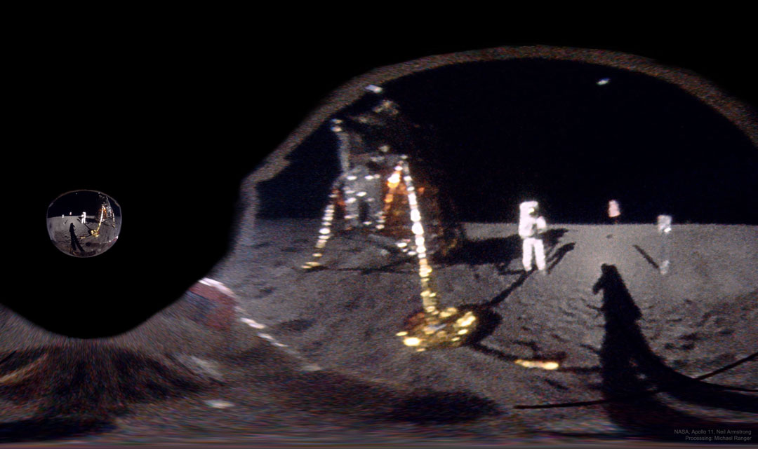 The picture shows Neil Armstrong on the Moon in 1969
taking a picture of Aldrin -- created from the reflection of
Armstrong in Aldrin's visor.  
Please see the explanation for more detailed information.
