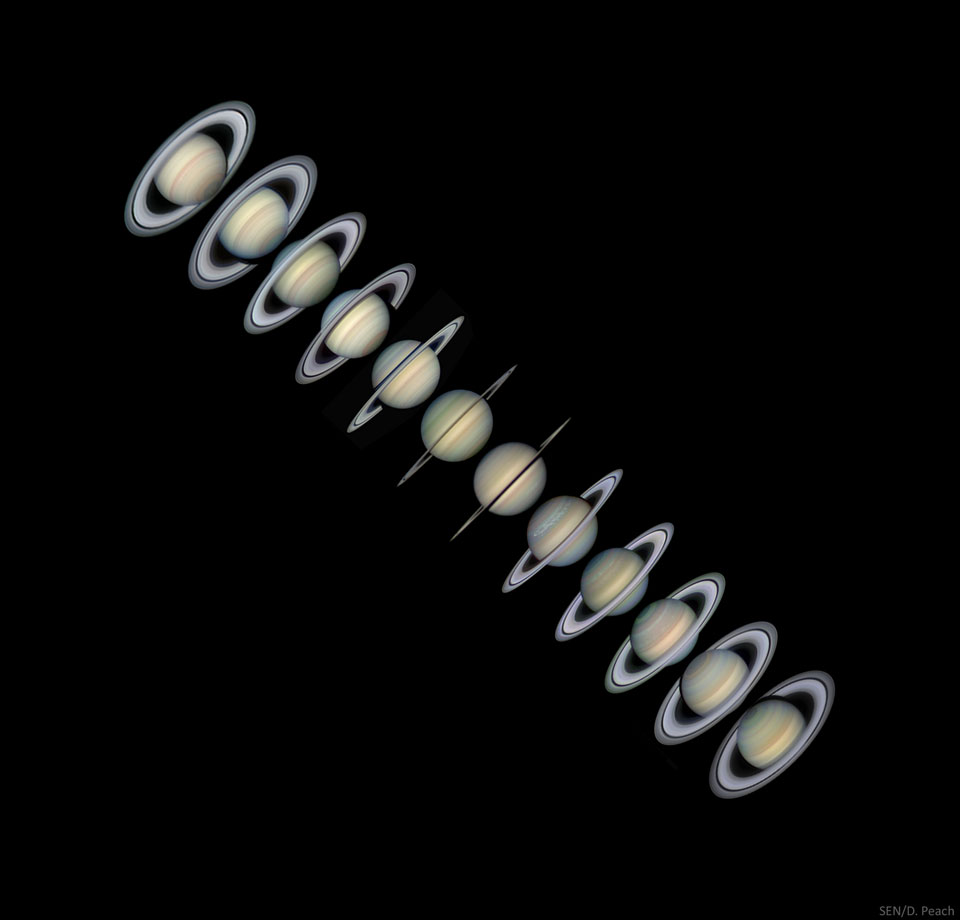 The picture shows Saturn in yearly images taken from  2004 to 2015 from Earth.   Please see the explanation for more detailed information.