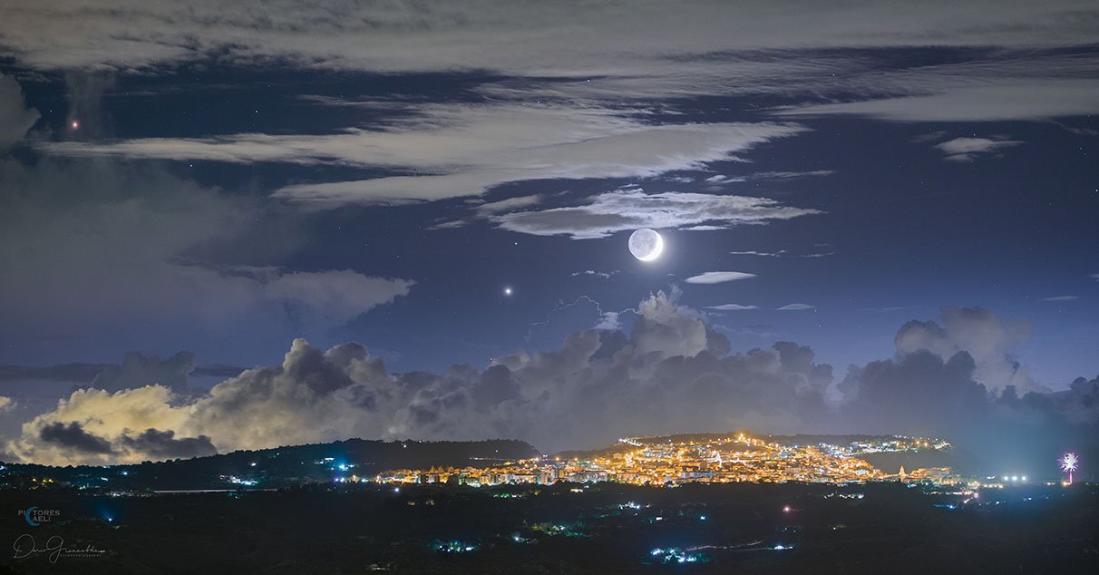 The picture shows the sky over Sicily, Italy earlier this month featuring a crescent moon with Earthshine, Venus, and Antares. Please see the explanation for more detailed information.