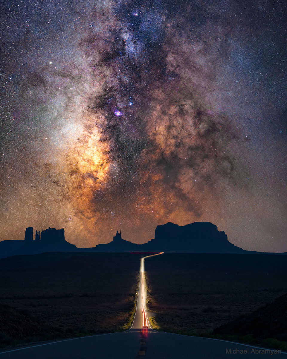 The picture shows the a composite image of Monument Valley, Utah, USA  in the foreground, and the plane of the Milky Way Galaxy including  the Galactic Center in the background.  Please see the explanation for more detailed information.