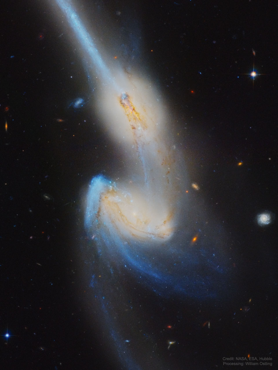 The picture shows a Hubble image of colliding galaxies NGC 4676
known as the Mice for their long stellar tails.
Please see the explanation for more detailed information.
