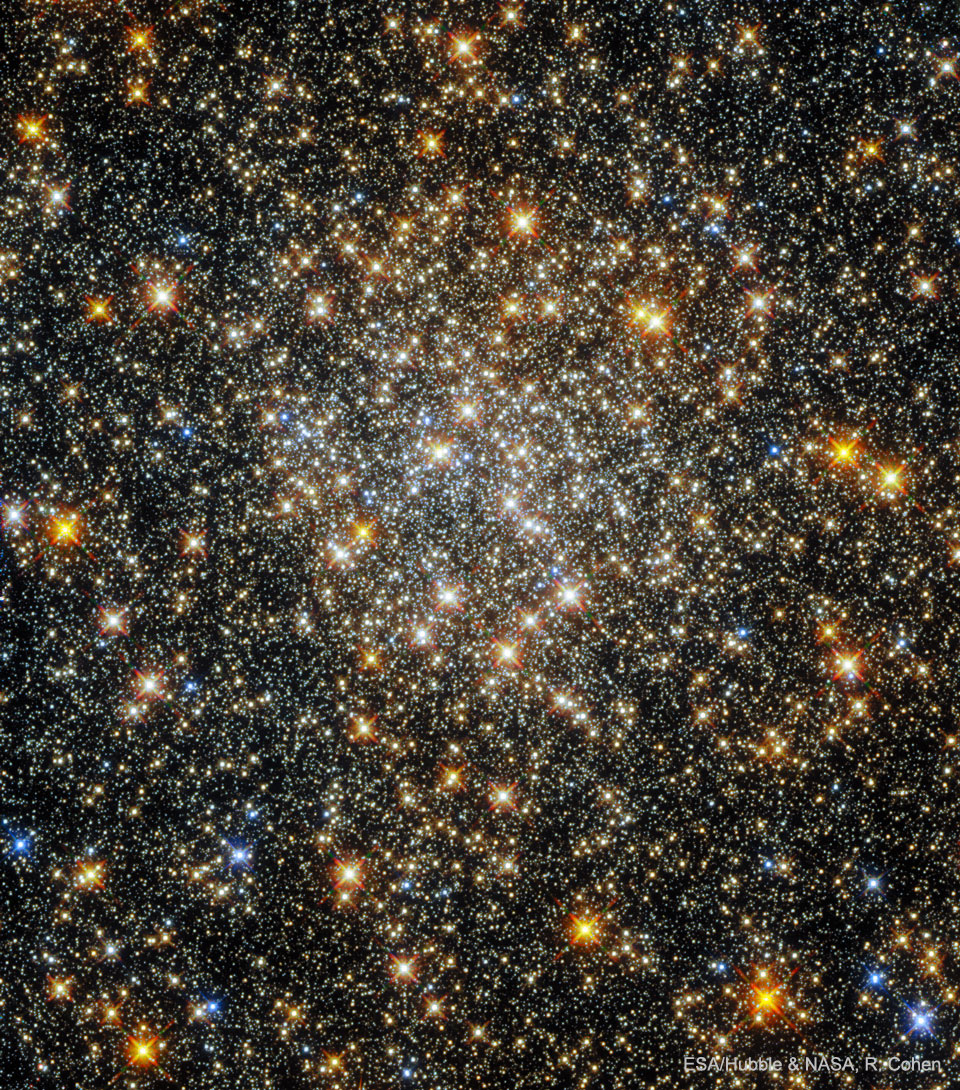 The picture shows the globular star cluster Palomar 6 as imaged by the Hubble Space Telescope. Please see the explanation for more detailed information.