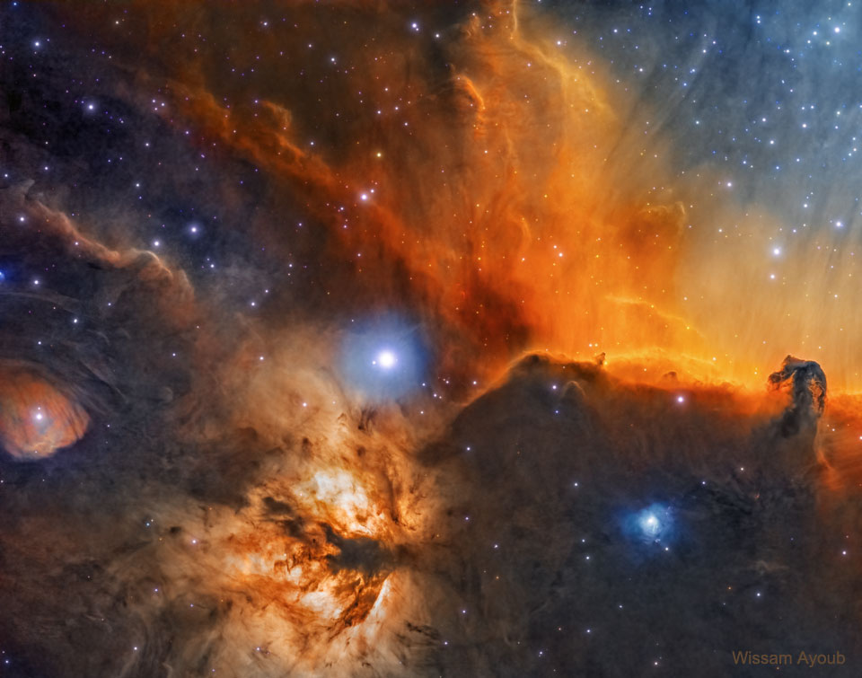 The picture shows a deep image of the part of the Orion Nebula that features both the Horsehead Nebula and the Flame Nebula. Detailed surrounding dust and stars are also visible. Please see the explanation for more detailed information.