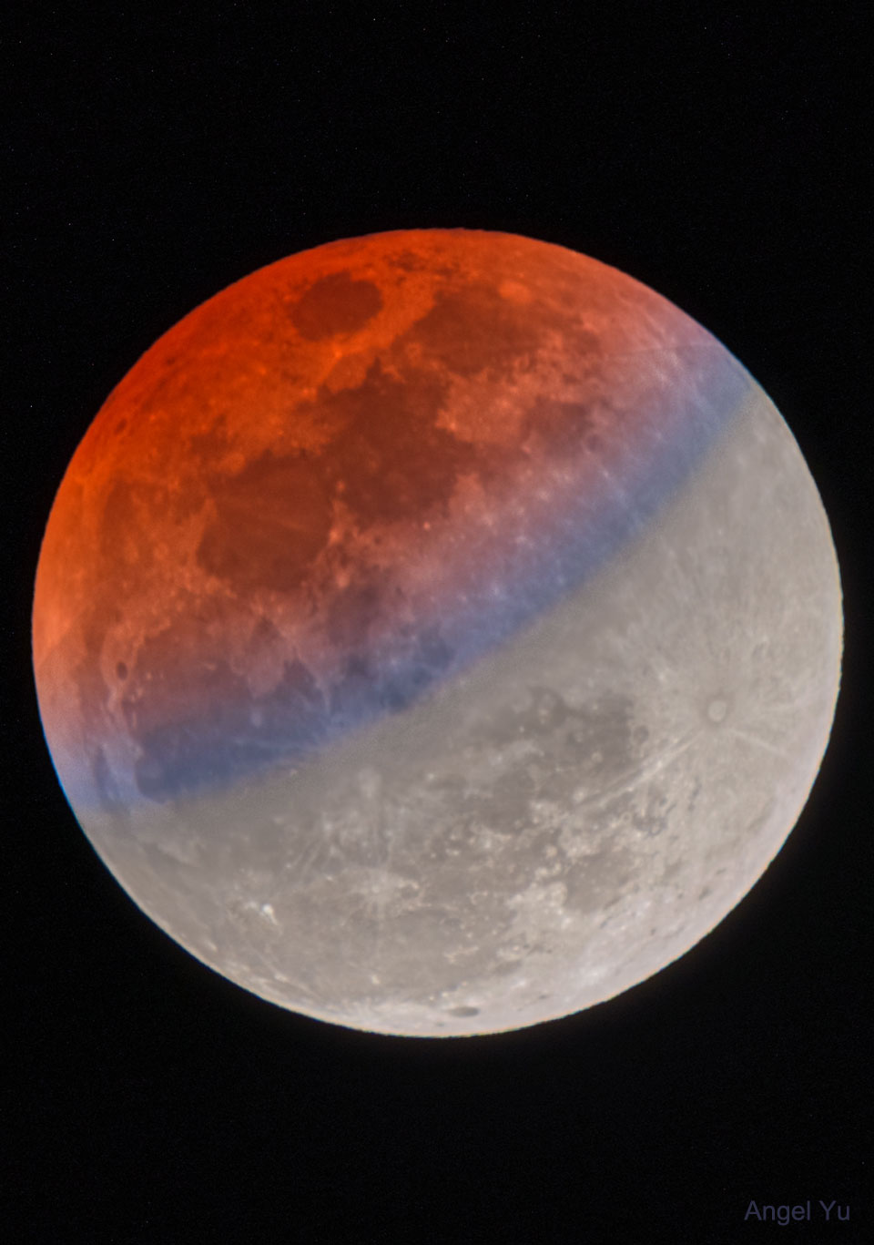 The featured image shows the recent partial
eclipse of the Moon with the eclipsed part appearing
red and a blue band due to refraction of sunlight
through the Earth's atmosphere.
Please see the explanation for more detailed information.