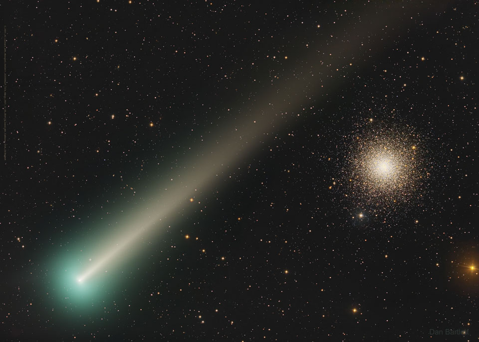The featured image shows Comet Leonard passing in  front of globular star cluster M3. Please see the explanation for more detailed information.