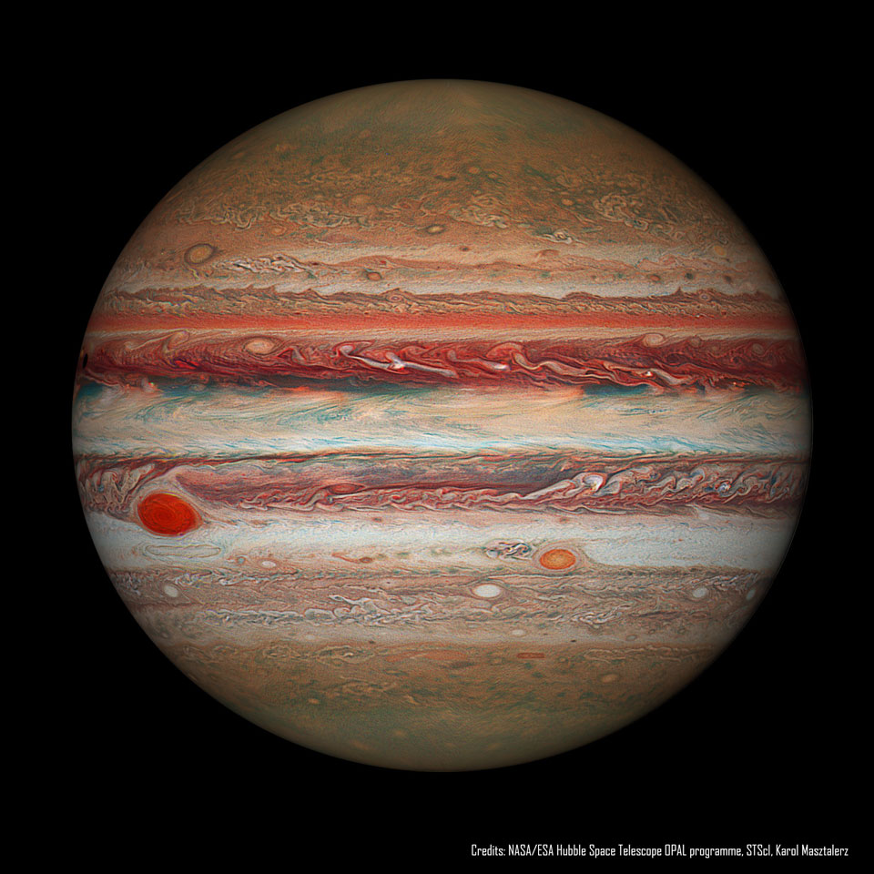 The featured image shows Jupiter full face including the 
Great Red Spot as captured by Hubble in 2016.