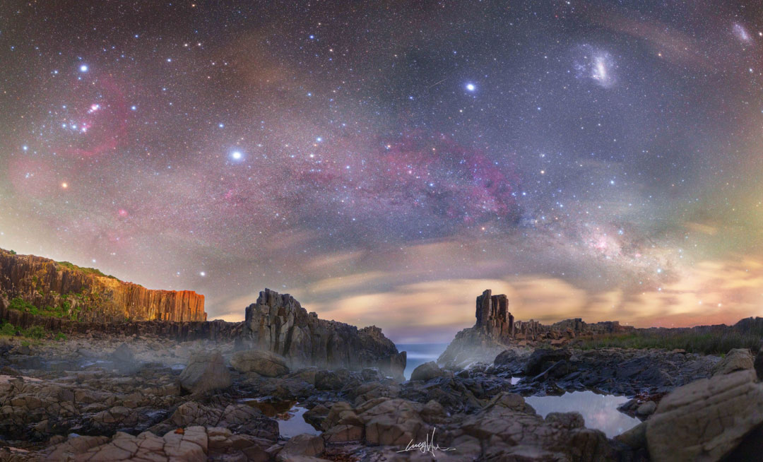 The featured image shows the a southern skyscape ranging from
the constellation of Orion on the far left to the Southern Cross
on the far right. The panorama was acquired during the last days 
of 2021 from the Bombo Headland Quarry Geological Site in Australia.
Please see the explanation for more detailed information.