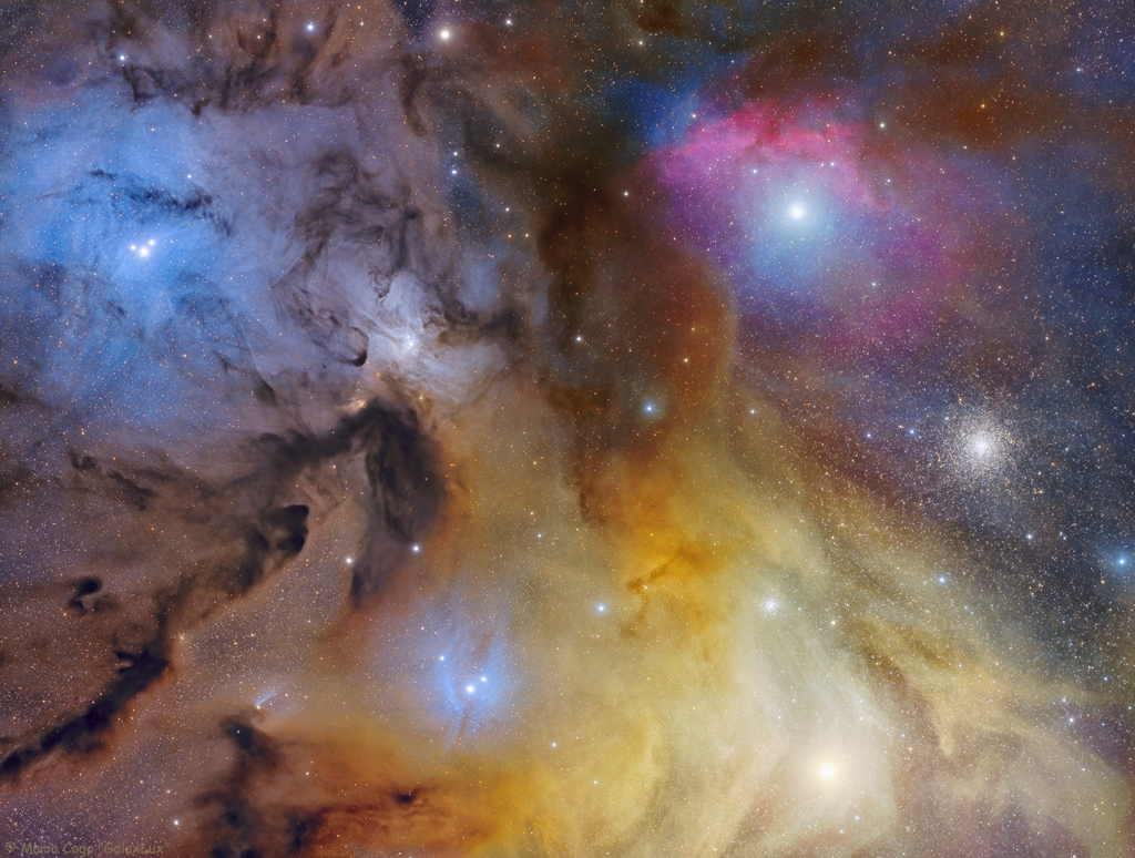 The featured image shows the bright star Antares and the
other bright stars, dark dust, and colorful gas clouds that appear
near it, directionally.
Please see the explanation for more detailed information.
