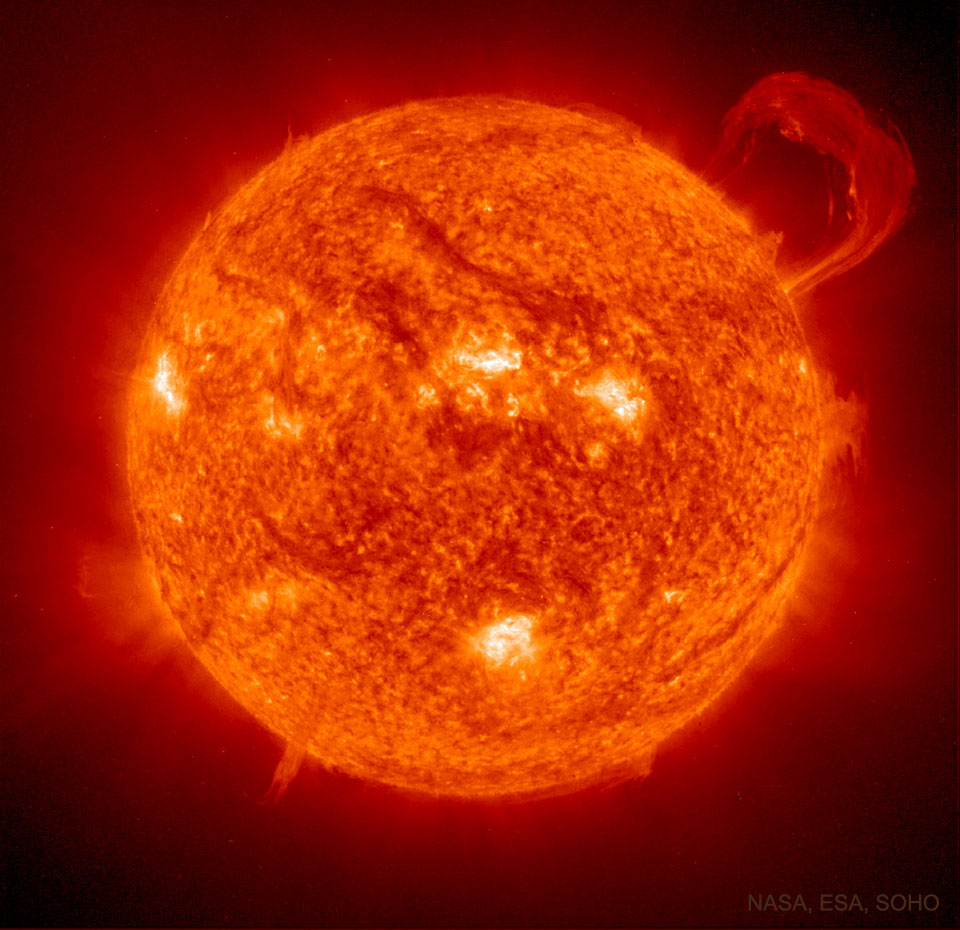 The featured image shows the Sun with a large eruptive prominence on the upper left. The image was taken with NASA's SOHO satellite in 1999.  Please see the explanation for more detailed information.