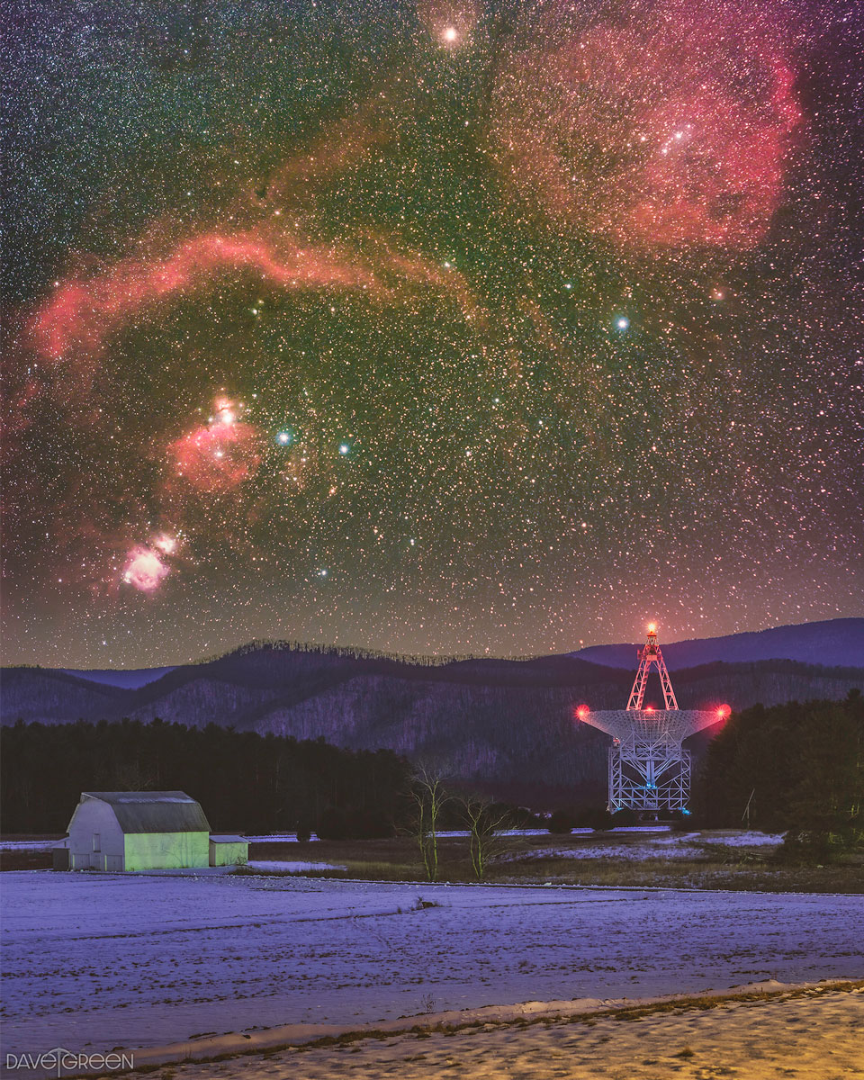 The featured image shows a very deep image of
the constellation of Orion in the background behind the
Byrd - Green Bank Radio Telescope.
the very center of our Milky Way
Please see the explanation for more detailed information.