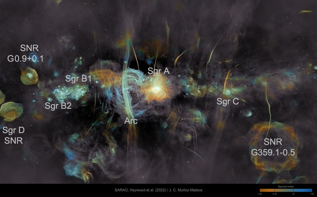 The featured image shows the very center of our Milky Way
Galaxy as resolved by the MeerKAT array in radio light. Many supernova
remnants and unusual filaments are visible. 
Please see the explanation for more detailed information.