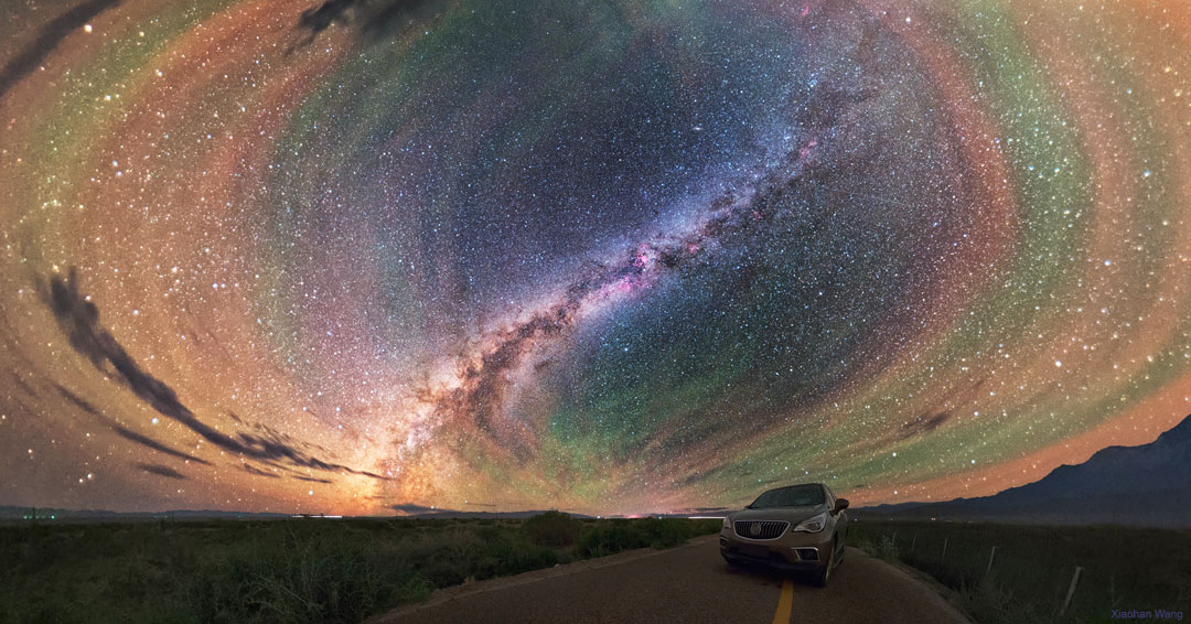 The featured image shows colorful airglow rings   in the sky in front of a centered band of our Milky Way  Galaxy.  Please see the explanation for more detailed information.