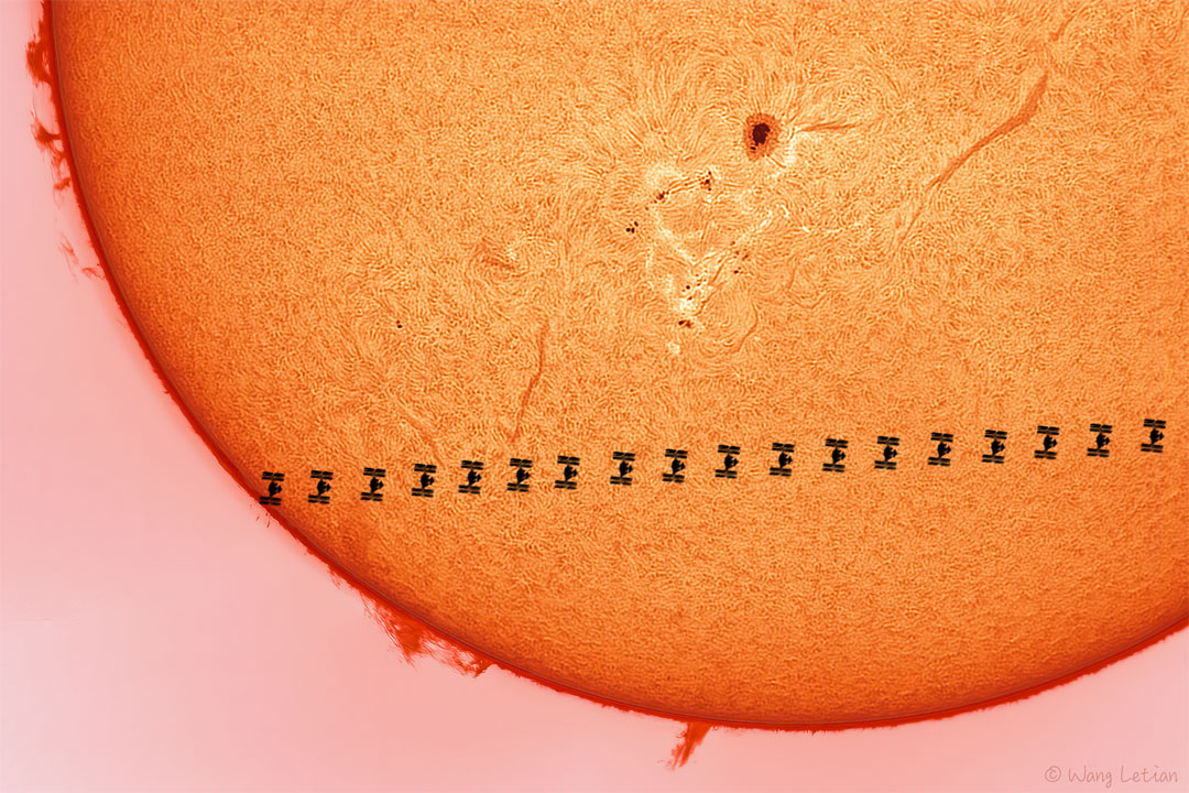 The featured image shows a time-lapse silhouette 
of the International Space Station (ISS) crossing the face
of the Sun. The Sun shows filaments, prominences and a sunspot.
Please see the explanation for more detailed information.