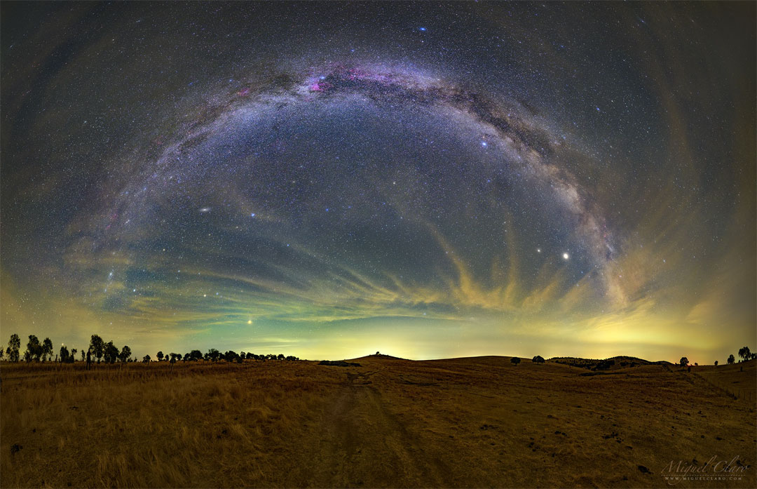 The featured image shows a very dark sky over the Mertola
steppe in Portugal. Visible night sky objects include the
Andromeda galaxy, the bright star Vega, planets Jupiter, Saturn,
and Mars, and the plane of our Milky Way Galaxy.
Please see the explanation for more detailed information.