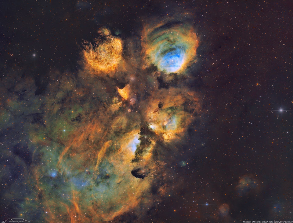 The featured image shows the Cat's Paw Nebula,  an emission nebula cataloged as NGC 6634. The nebula  is shown in assigned scientific colors similar to the  famous Hubble palette.   Please see the explanation for more detailed information.