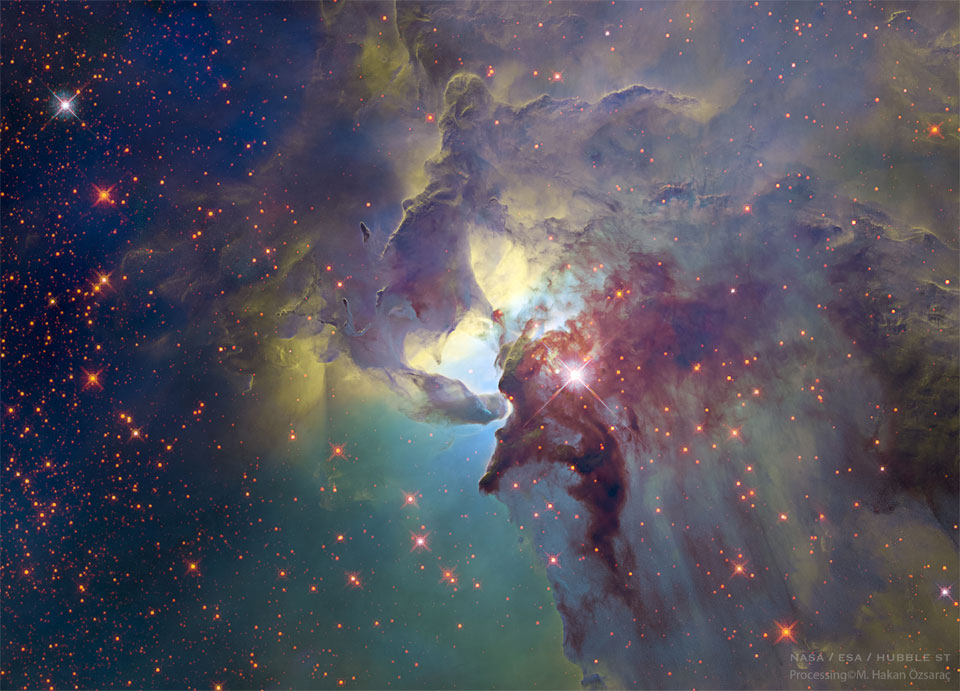 The featured image shows the center of the Lagoon Nebula
complete with funnel clouds. 
Please see the explanation for more detailed information.