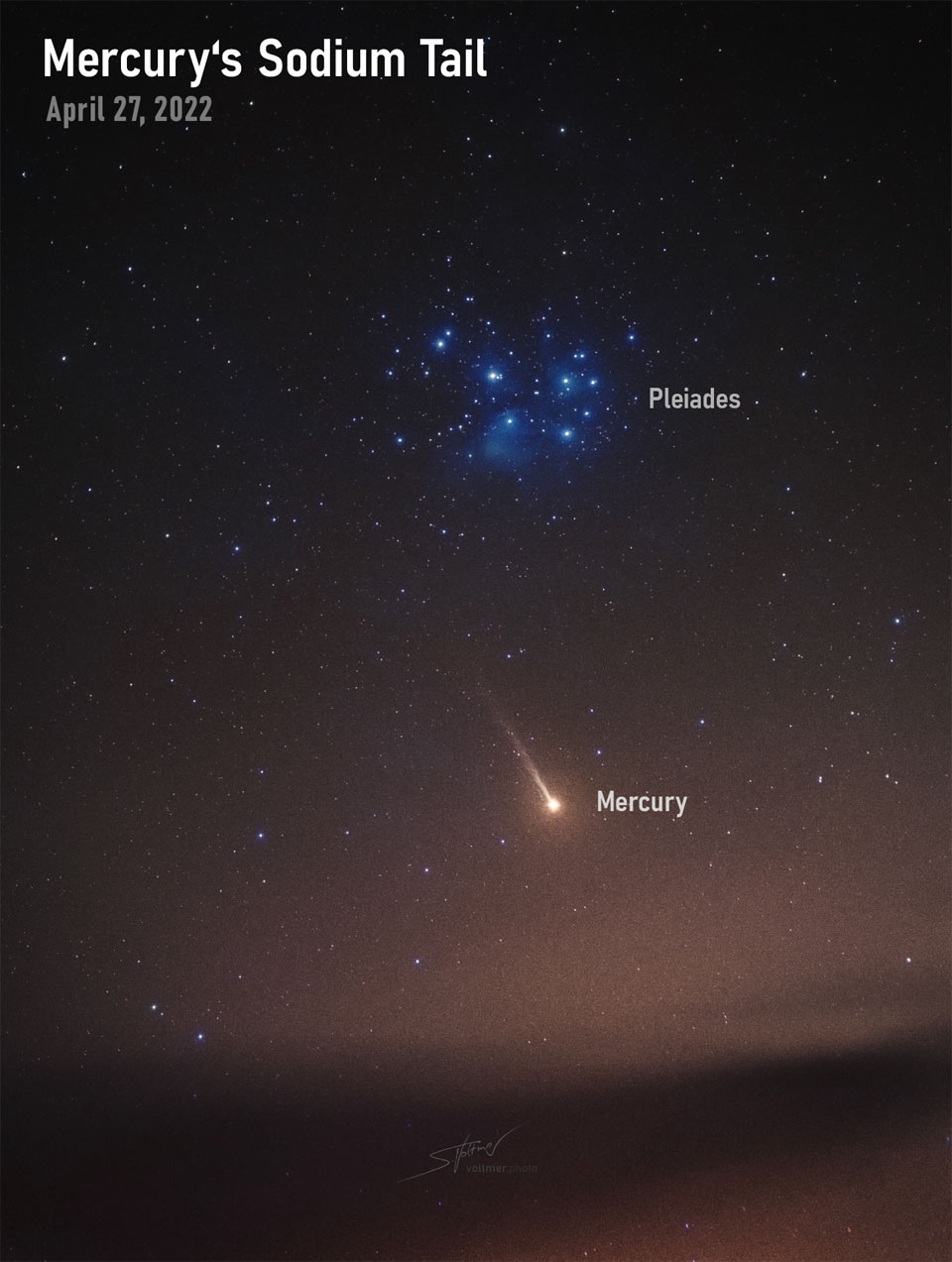 The featured image shows the planet Mercury below the star
cluster Pleiades. Mercury, oddly, looks like a comet as it is sporting
a long ion tail made of sodium. The image was acquired last week. 
Please see the explanation for more detailed information.