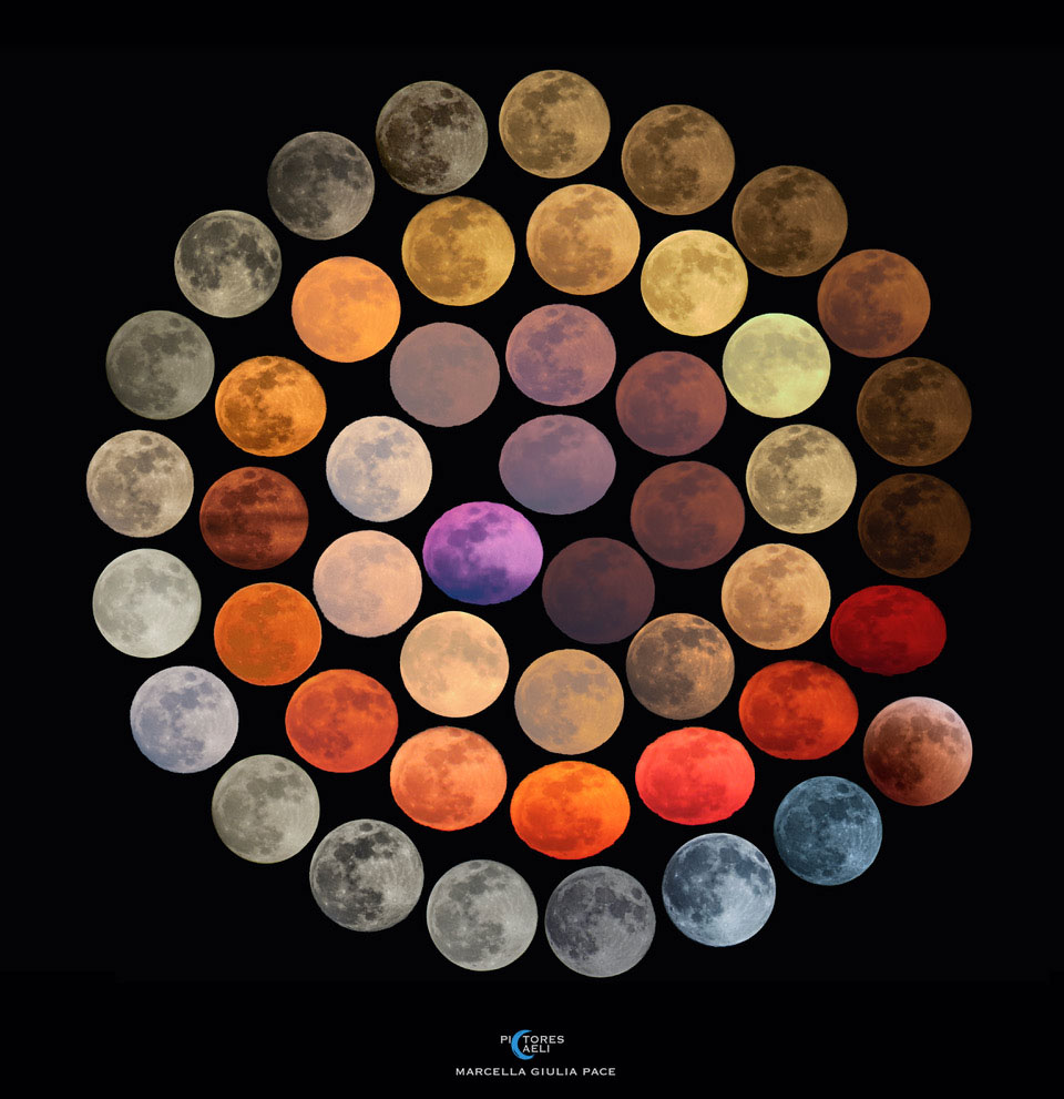 The featured image shows many images of a full moon as it 
appears on Earth. The colors of the images are seen to range 
from red to yellow to brown and blue. 
Please see the explanation for more detailed information.