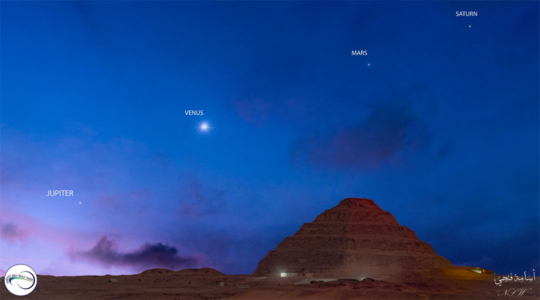 The featured image shows a series of four planets
lining up in the morning over the ancient Egyptian 
pyramid known as Djoser. The image was taken is late
April.
Please see the explanation for more detailed information.