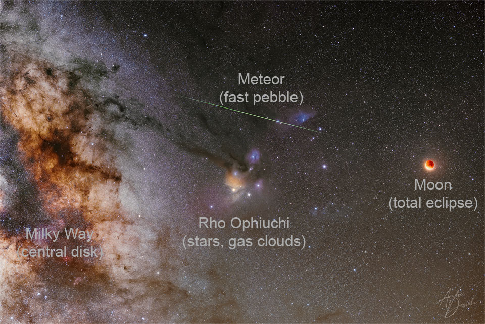The featured image shows the Rho Ophiuchi gas clouds with a
the Moon in total lunar eclipse to the right. Also in the frame are
a bright meteor and the part of the central band of our Milky Way
galaxy.
Please see the explanation for more detailed information.