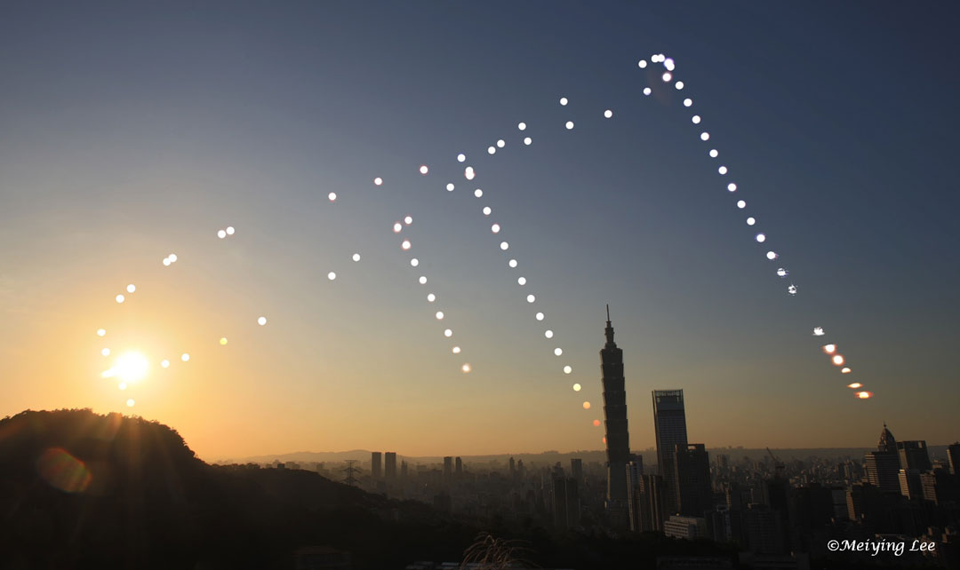 La imagen destacada muestra el Sol en muchas posiciones tal como apareció al final de la tarde.  En primer plano está el horizonte de la ciudad, incluido el Taipei 101, uno de los edificios más altos del mundo.  Consulte la explicación para obtener información más detallada.