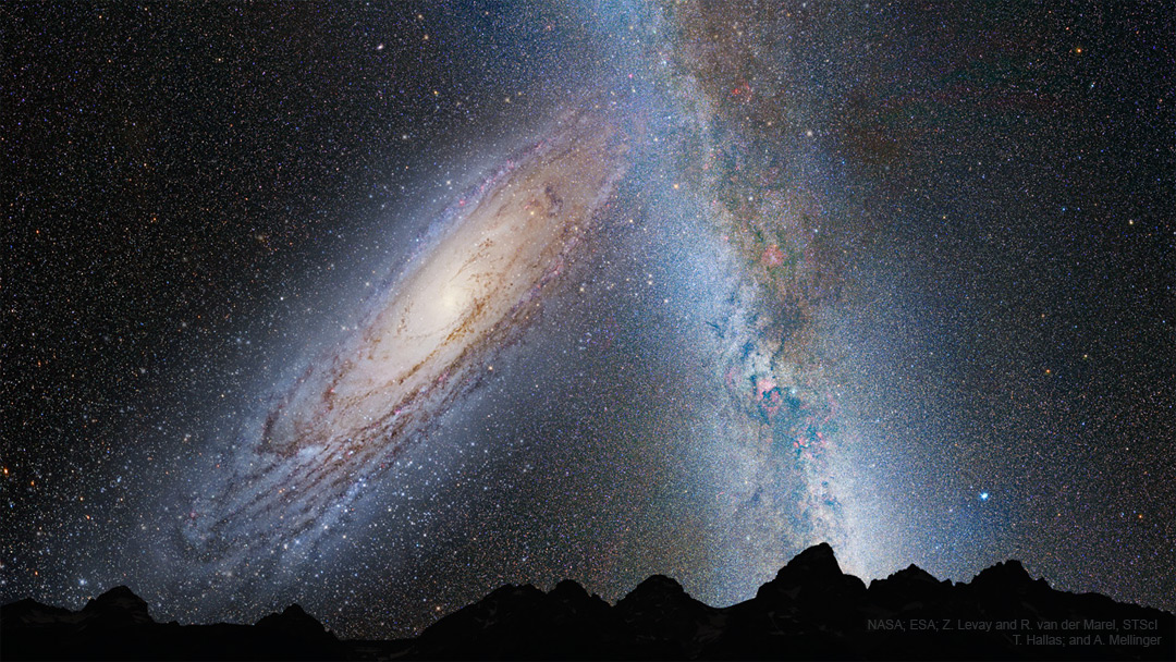 La imagen presentada es un gráfico combinado que muestra la galaxia de Andrómeda acercándose a nuestra galaxia, la Vía Láctea, preparada para una colisión en unos 4.500 millones de años.  Consulte la explicación para obtener información más detallada.