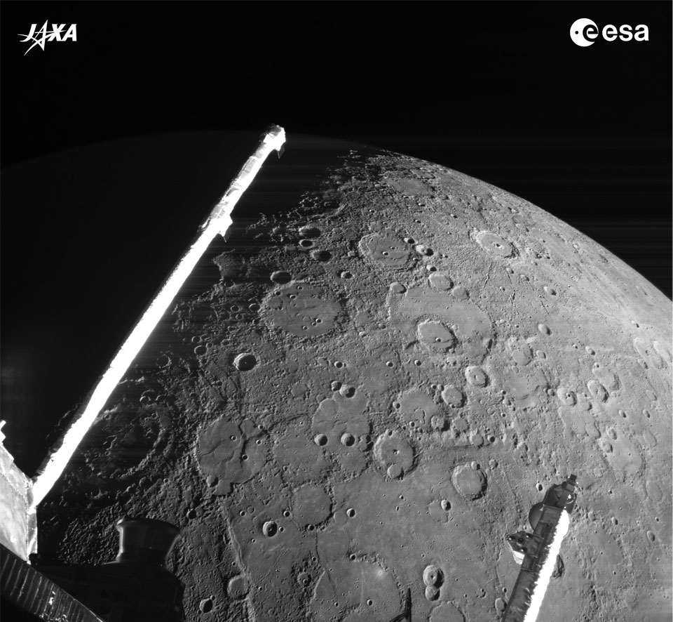 The featured image shows the heavily cratered surface of Mercury with parts of ESA's and JAXA's passing robotic BepiColombo in the foreground.  Please see the explanation for more detailed information.