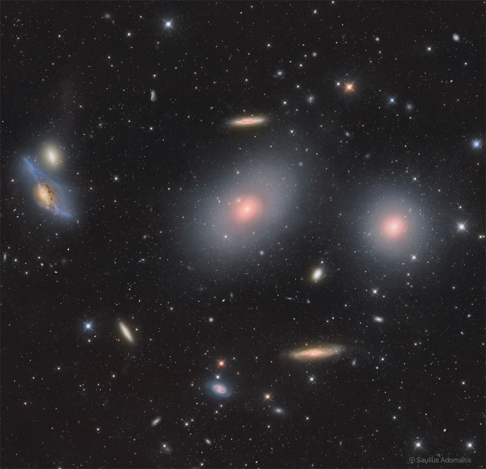 The featured image shows the central portion of the
Virgo Cluster of Galaxies including the bright galaxies labelled
M84, M86, and Markarian's Eyes.
Please see the explanation for more detailed information.
