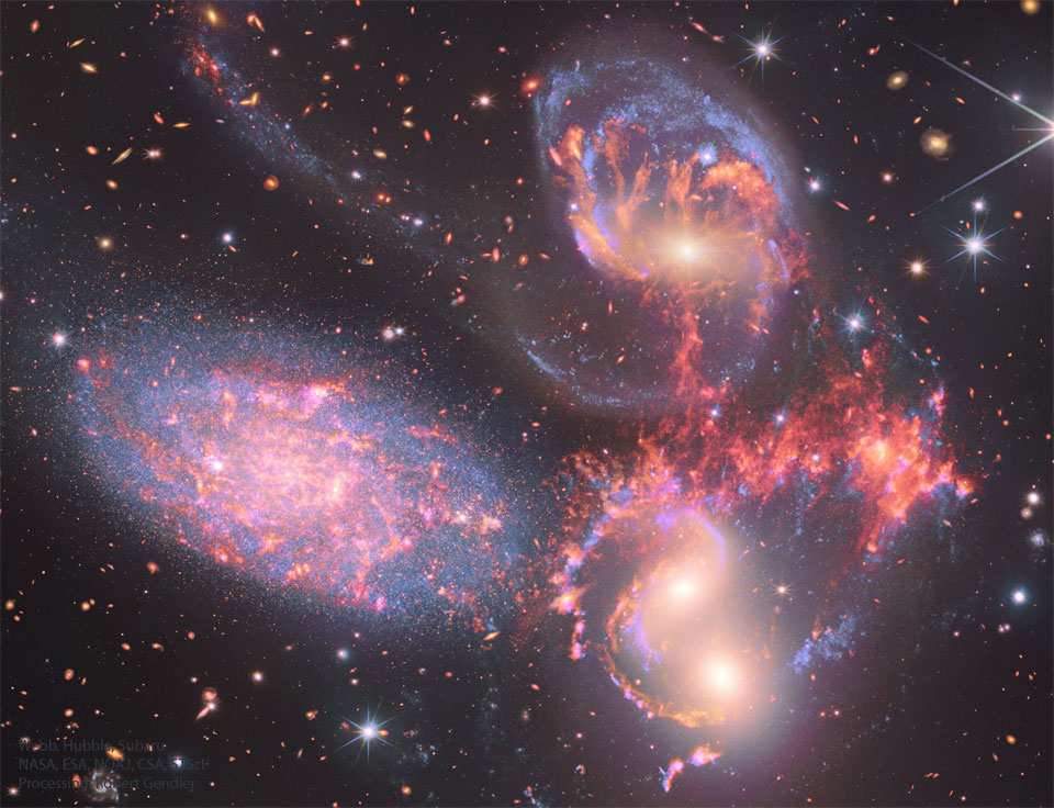 来自韦布、哈勃和昴星团望远镜的斯蒂芬五重星系