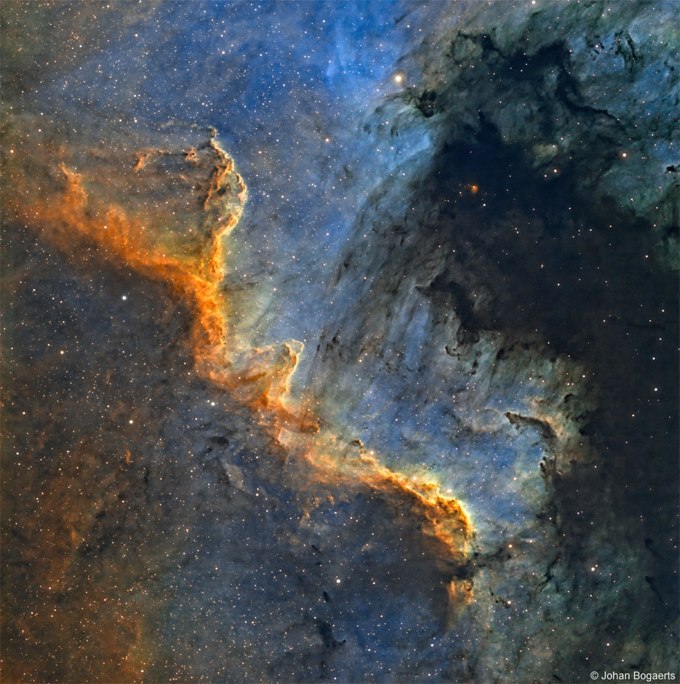 The featured image shows the Cygnus Wall of star formation,
a jagged line of bright gas and dark dust set in blue background
and near very dark expanse of dark dust.
Please see the explanation for more detailed information.