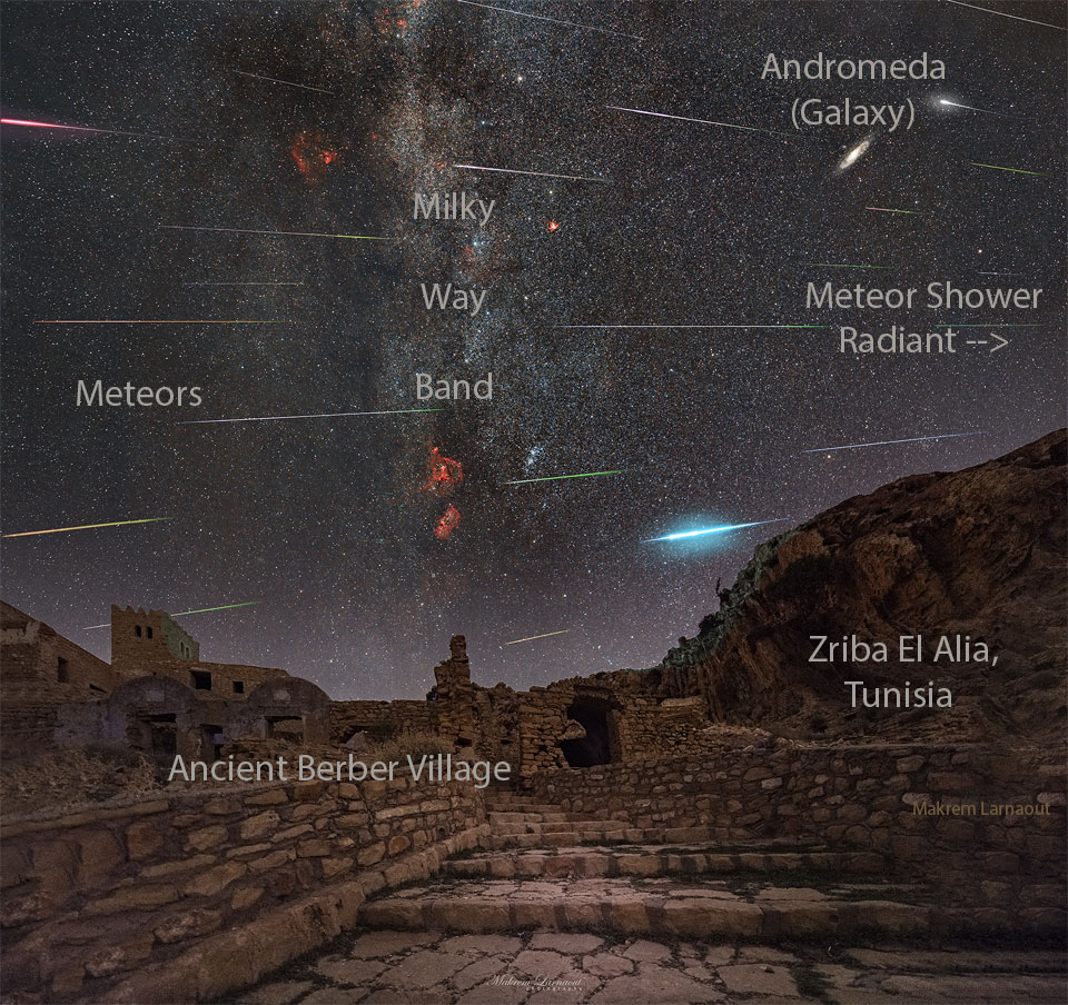 The featured image shows a composite image capturing many meteor streaks above the ruins of an ancient village. Please see the explanation for more detailed information.