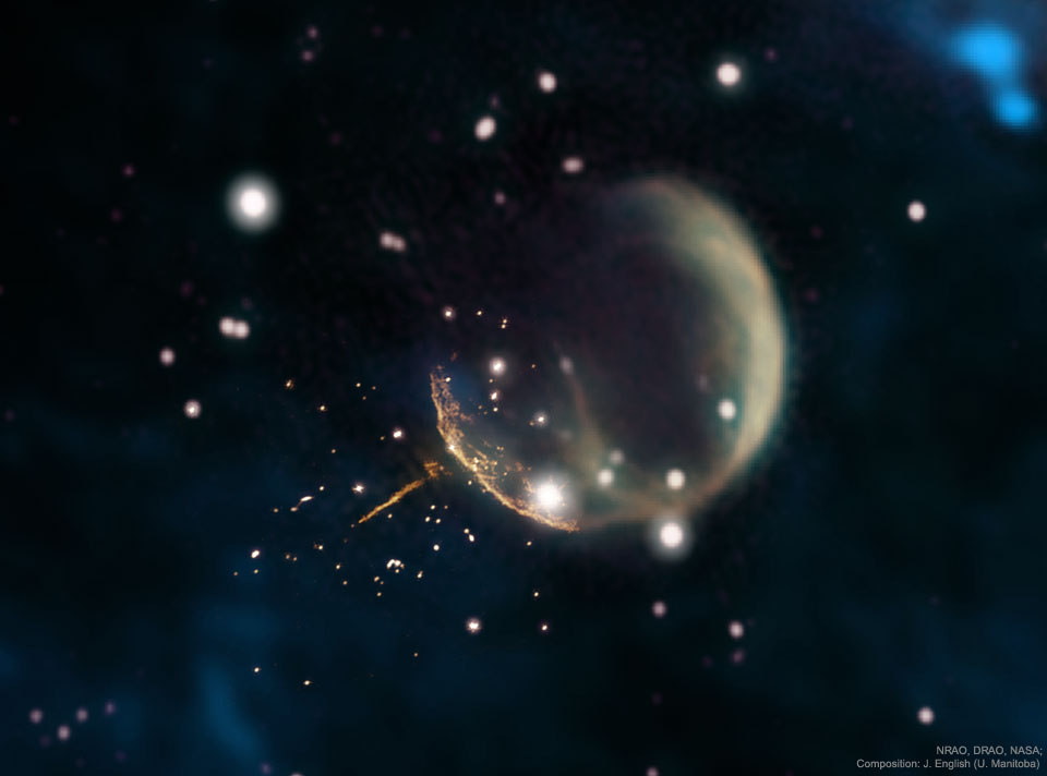 The featured illustration a supernova remnant with a   line extending to the lower right that is the trail of   a neutron star.  Please see the explanation for more detailed information.