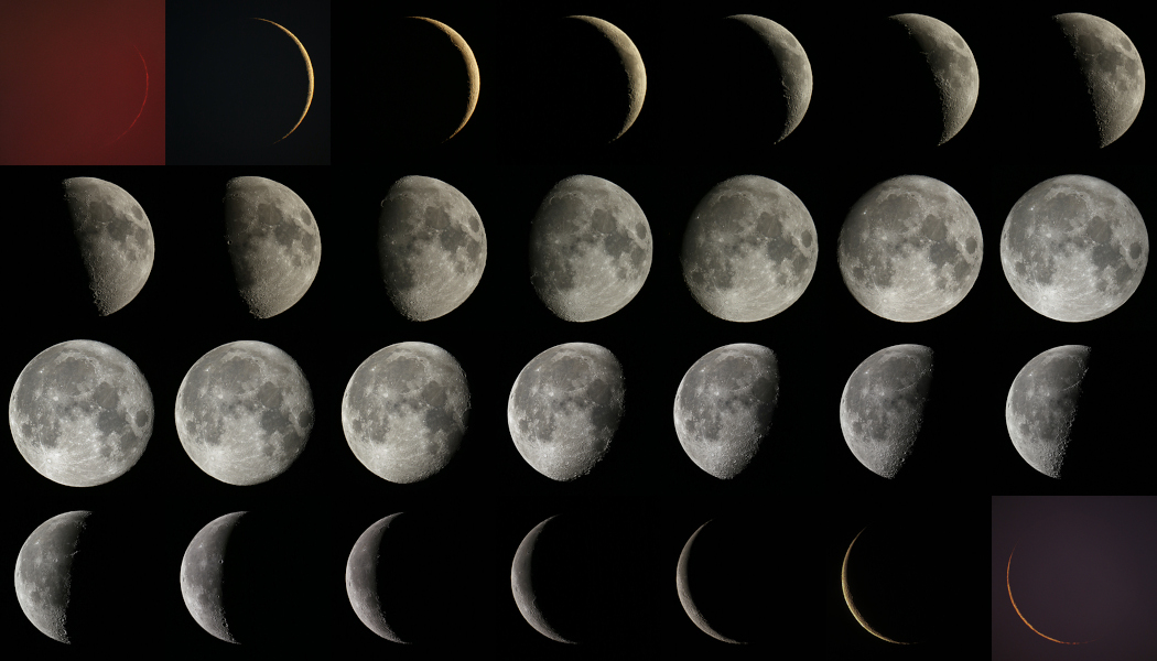 Diese Matrix zeigt die Mondphasen vom 29. Juli bis 26. August während einer Lunation