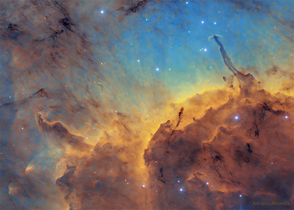 The featured image shows a close up of the Pelican Nebula
highlighted by several dark pillars, one of which spouts jets
on either side.
Please see the explanation for more detailed information.
