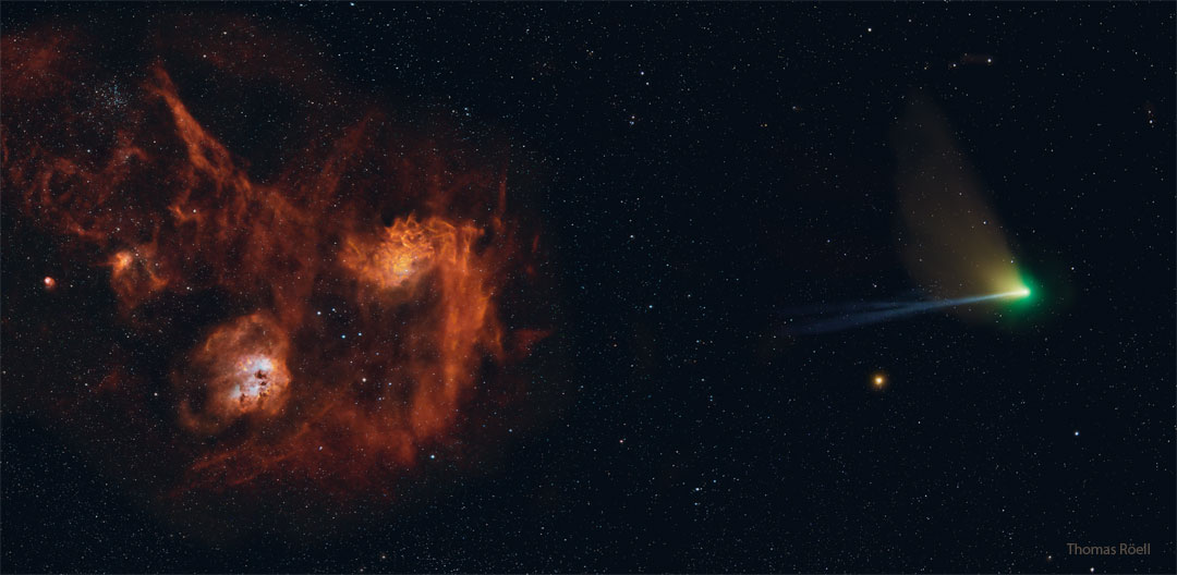 Pictured are two red nebulas on the far left and center, and
a comet complete with a green coma and a long blue ion tail on the far right.
Please see the explanation for more detailed information.