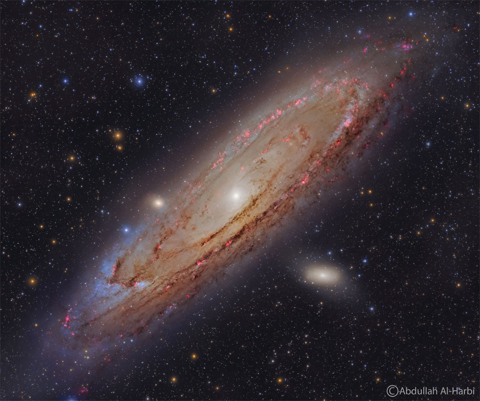 The Andromeda Galaxy is shown in great detail. Red nebulas,  blue stars, and dark dust are all seen in a swirl around  the galaxy's bright center.  Please see the explanation for more detailed information.